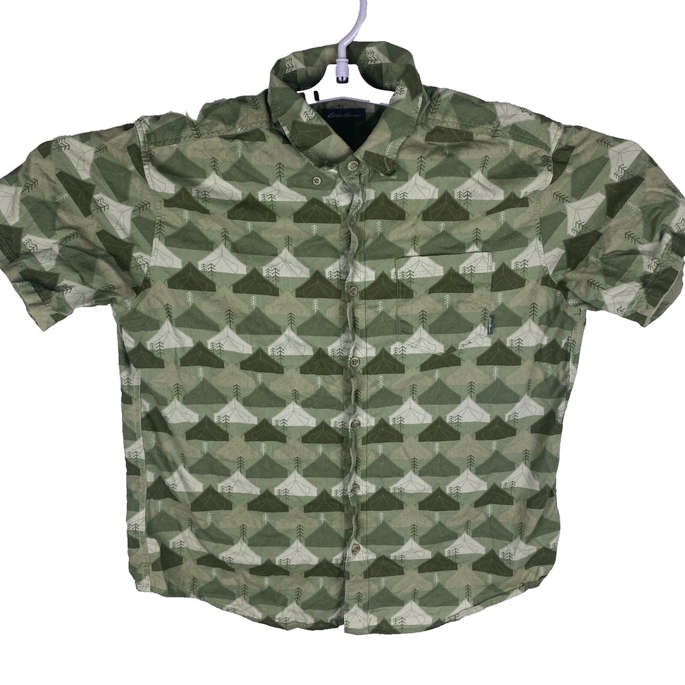 Eddie Bauer Mens Green Short Sleeve Baja Tent Print Button Down Shirt Size L - Picture 1 of 16